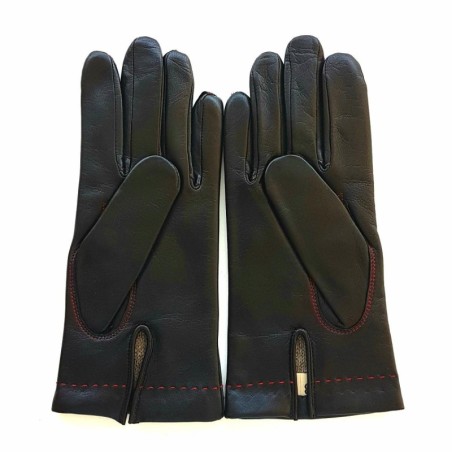 Gants en Cuir d'Agneau Noir Rouge Henri Doublure Soie.