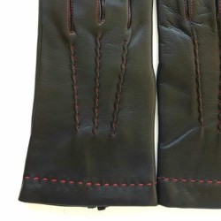 Gants en Cuir d'Agneau Noir Rouge Henri Doublure Soie.
