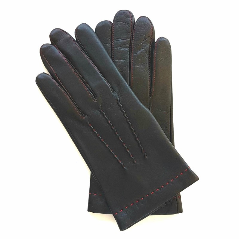 Gants en Cuir d'Agneau Noir Rouge Henri Doublure Soie.