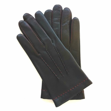 Gants en Cuir d'Agneau Noir Rouge Henri Doublure Soie.