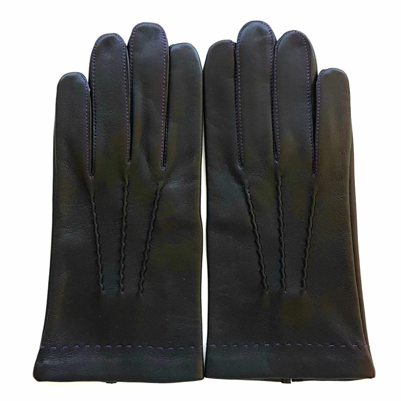 Gants en Cuir d'Agneau Noir Violet Henri Doublure Soie.
