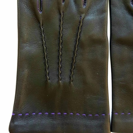 Gants en Cuir d'Agneau Noir Violet Henri Doublure Soie.