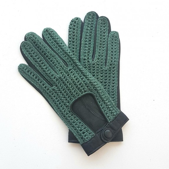 Gants en cuir d'agneau et crochet coton vert "ALFREDINE".