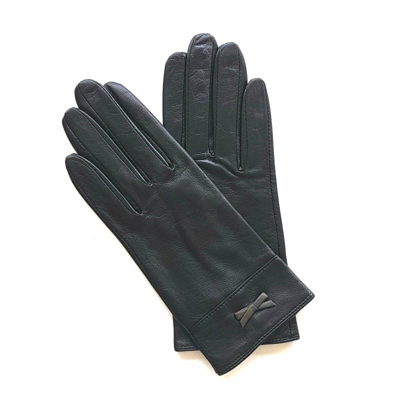 Gants en Cuir d'Agneau Noir Gris Anémone Doublés Soie.