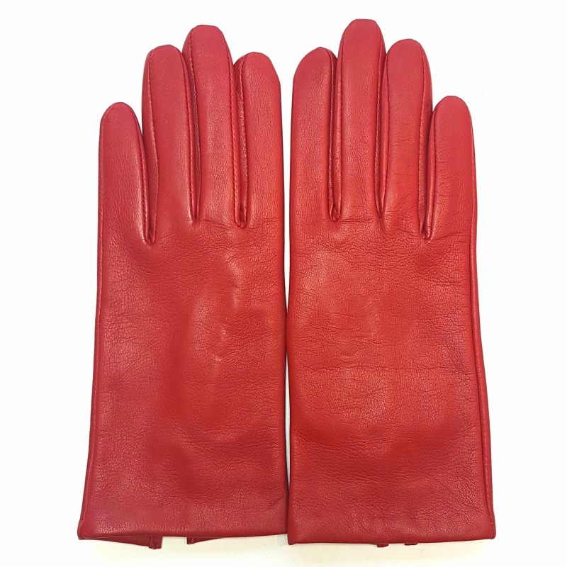 Gants en Cuir d'Agneau Rouge Capucine Doublés Soie.