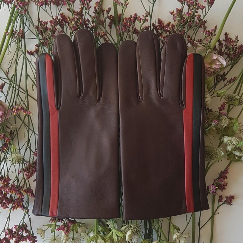 Gants en Cuir d'Agneau Bordeaux Rouge Noir Akano Doublés Soie.