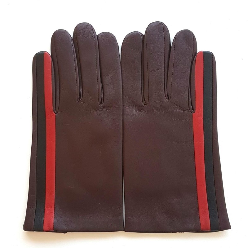 Gants en Cuir d'Agneau Bordeaux Rouge Noir Akano Doublés Soie.