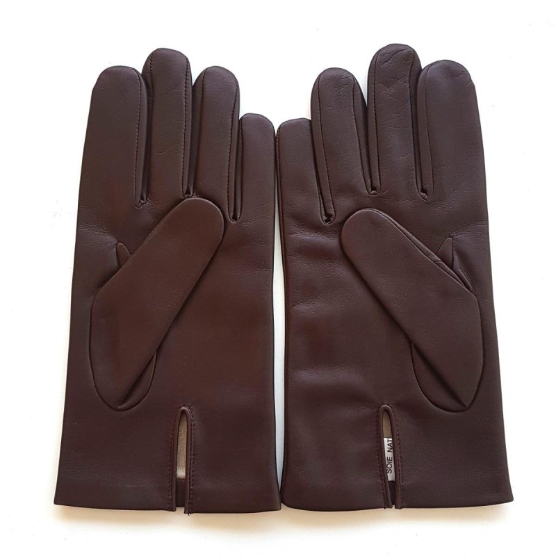 Gants en Cuir d'Agneau Bordeaux Rouge Noir Akano Doublés Soie.