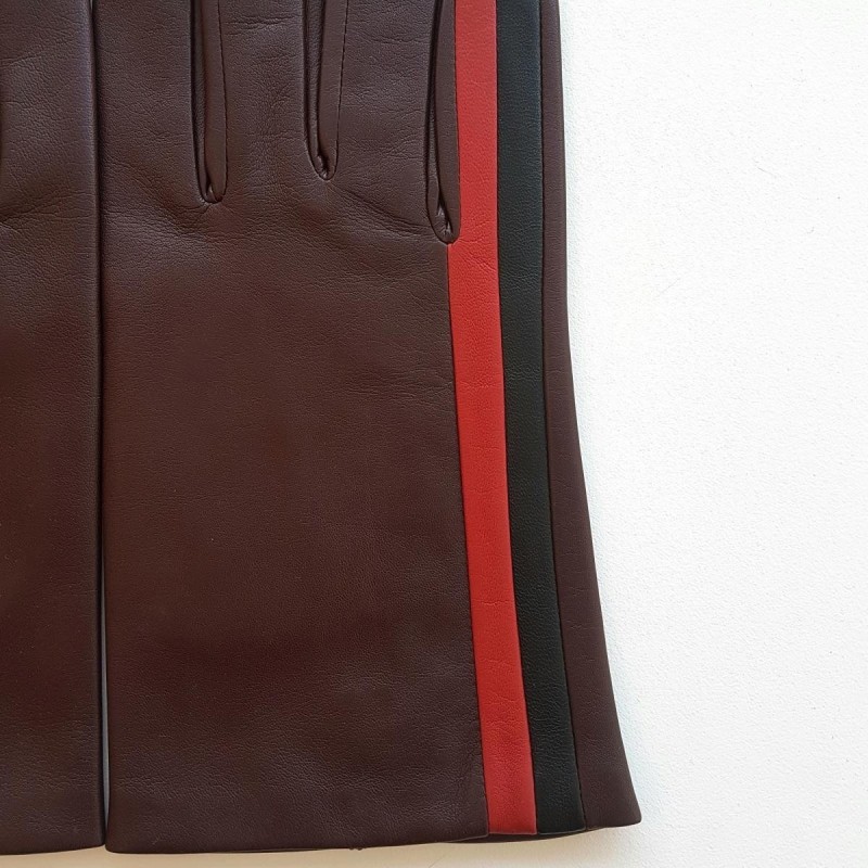 Gants en Cuir d'Agneau Bordeaux Rouge Noir Akano Doublés Soie.