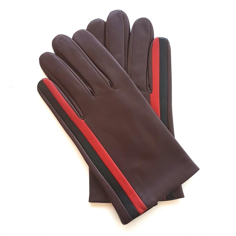 Gants en Cuir d'Agneau Bordeaux Rouge Noir Akano Doublés Soie.