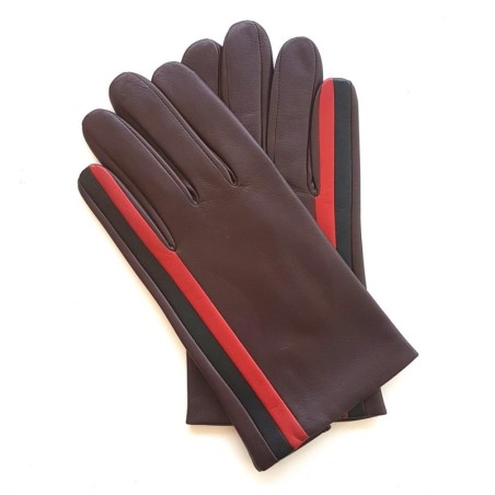 Gants en Cuir d'Agneau Bordeaux Rouge Noir Akano Doublés Soie.