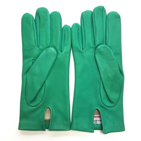 Gants en Cuir d'Agneau Emeraude Capucine Doublés Soie.