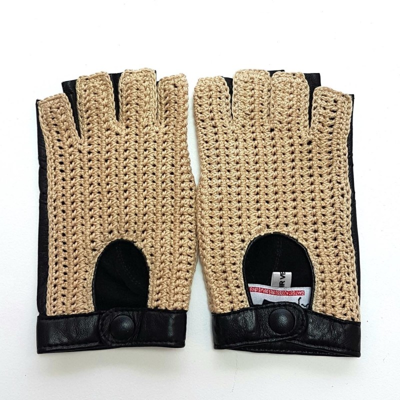 Mitaines Cuir d'Agneau Crochet Coton Noir Ecru Michèle Non Doublées.