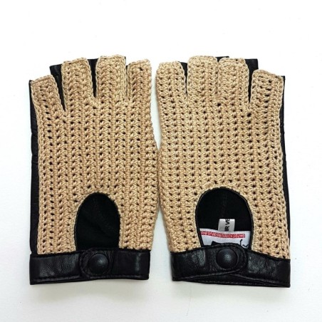 Mitaines Cuir d'Agneau Crochet Coton Noir Ecru Michèle Non Doublées.
