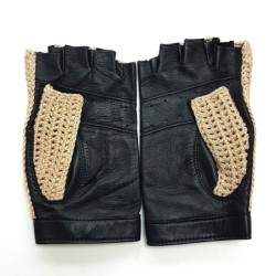 Mitaines Cuir d'Agneau Crochet Coton Noir Ecru Michèle Non Doublées.