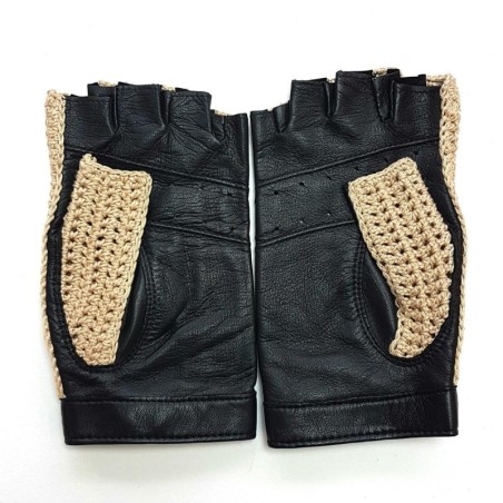 Mitaines Cuir d'Agneau Crochet Coton Noir Ecru Michèle Non Doublées.