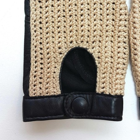 Mitaines Cuir d'Agneau Crochet Coton Noir Ecru Michèle Non Doublées.