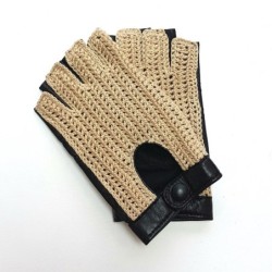 Mitaines Cuir d'Agneau Crochet Coton Noir Ecru Michèle Non Doublées.