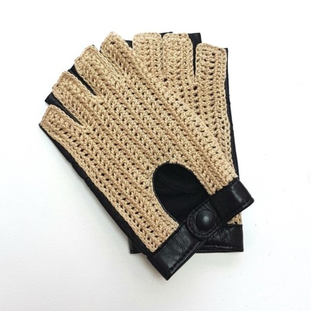 Mitaines Cuir d'Agneau Crochet Coton Noir Ecru Michèle Non Doublées.