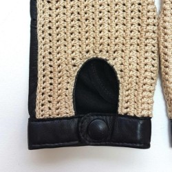 Mitaines Cuir d'Agneau Crochet Coton Noir Ecru Michèle Non Doublées.