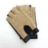 Mitaines Cuir d'Agneau Crochet Coton Noir Ecru Michèle Non Doublées.