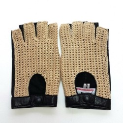 Mitaines Cuir d'Agneau Crochet Coton Noir Ecru Michèle Non Doublées.