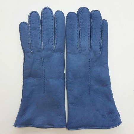 Gants en Cuir d'Agneau Lainé Bleu Jeans Anastasia.