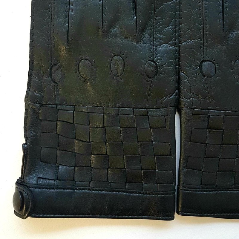 Gants en Cuir d'Agneau Noirs Damier Doublés Soie.