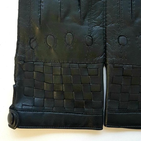 Gants en Cuir d'Agneau Noirs Damier Doublés Soie.