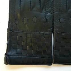 Gants en Cuir d'Agneau Noirs Damier Doublés Soie.