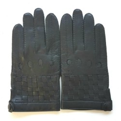 Gants en Cuir d'Agneau Noirs Damier Doublés Soie.