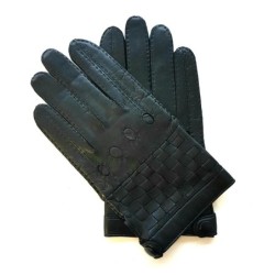 Gants en Cuir d'Agneau Noirs Damier Doublés Soie.