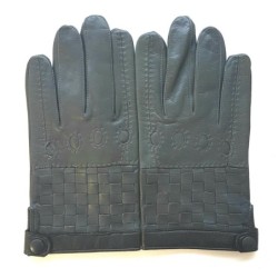 Gants en Cuir d'Agneau Gris Noirs Damier Doublés Soie.