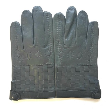 Gants en Cuir d'Agneau Gris Noirs Damier Doublés Soie.