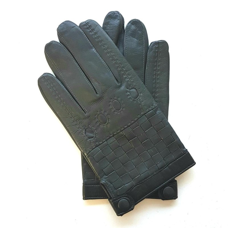 Gants en Cuir d'Agneau Gris Noirs Damier Doublés Soie.