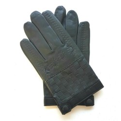 Gants en Cuir d'Agneau Gris Noirs Damier Doublés Soie.