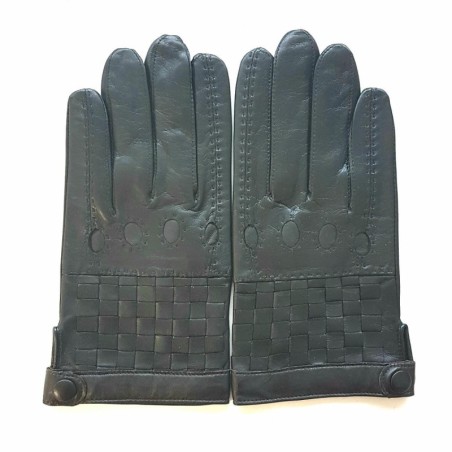 Gants en Cuir d'Agneau Noir Marron Damier Doublure Soie.