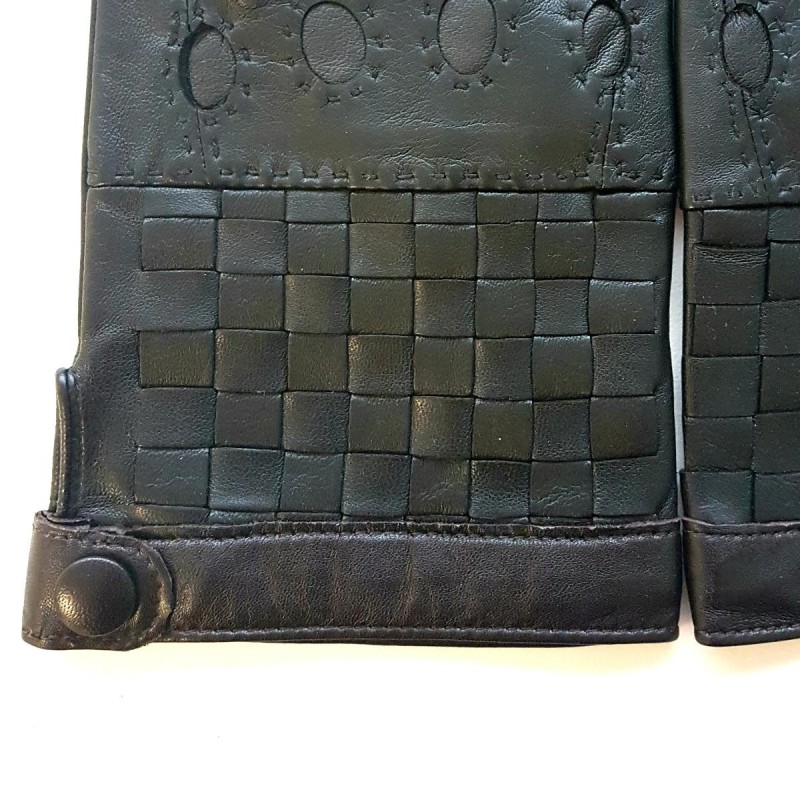 Gants en Cuir d'Agneau Noir Marron Damier Doublure Soie.