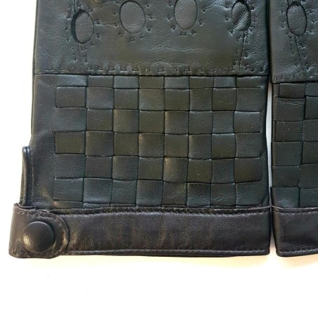 Gants en Cuir d'Agneau Noir Marron Damier Doublure Soie.