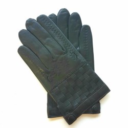 Gants en Cuir d'Agneau Noir Marron Damier Doublure Soie.