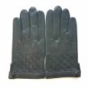 Gants en Cuir d'Agneau Noir Marron Damier Doublure Soie.