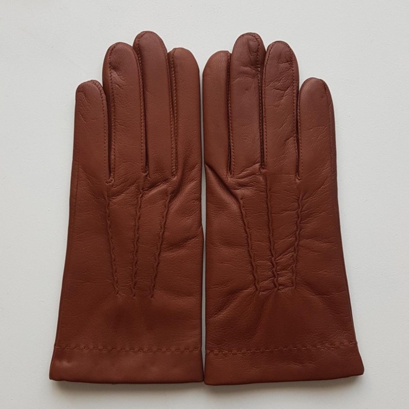 Gants en Cuir d'Agneau Cognac Henri Doublure en Soie.