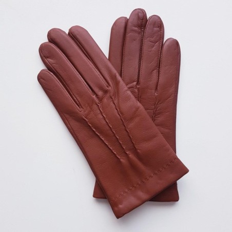 Gants en Cuir d'Agneau Cognac Henri Doublure en Soie.