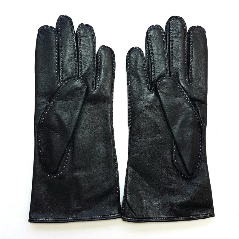 Gants en Cuir d'Agneau Noirs Blancs Gisèle Doublés Soie.