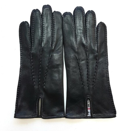 Gants en Cuir d'Agneau Noirs Blancs Gisèle Doublés Soie.