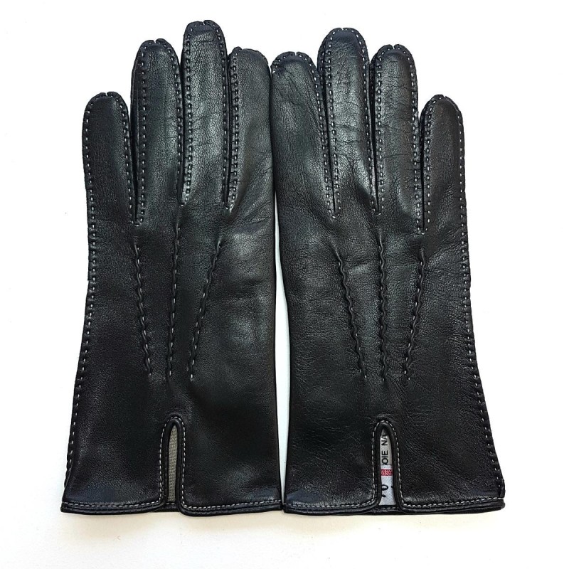 Gants en Cuir d'Agneau Noirs Blancs Gisèle Doublés Soie.