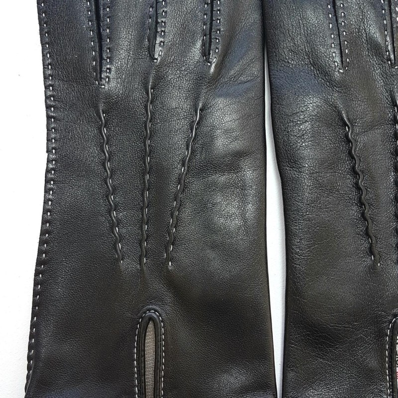 Gants en Cuir d'Agneau Noirs Blancs Gisèle Doublés Soie.