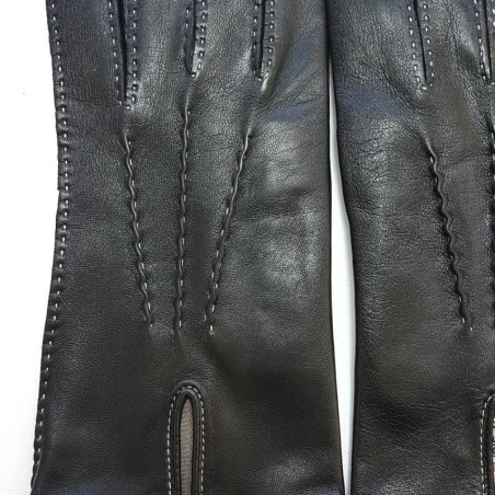Gants en Cuir d'Agneau Noirs Blancs Gisèle Doublés Soie.