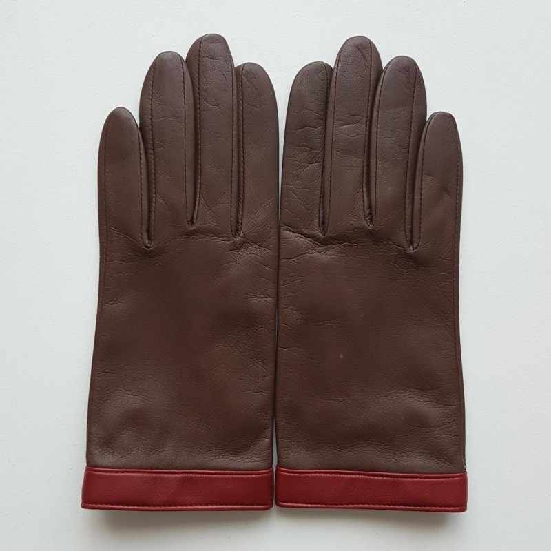 Gants en Cuir d'Agneau Marrons Rouges Tippi Doublés Soie.