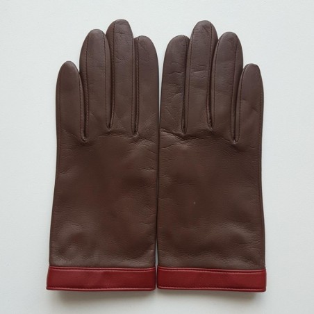 Gants en Cuir d'Agneau Marrons Rouges Tippi Doublés Soie.